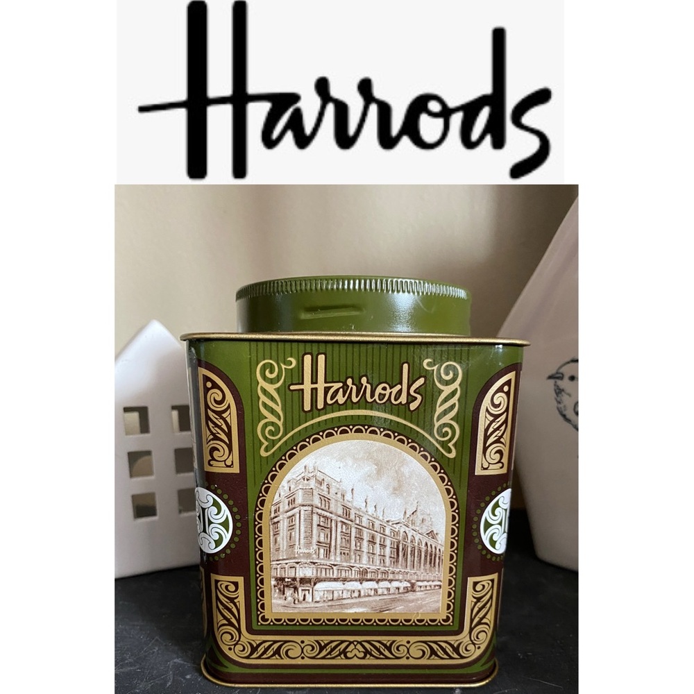 6/$20 Harrods Green and Brown Decorative Tea Tin Imported from England EUC